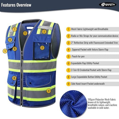 JKSafety 11 Pockets Hi-Vis Blue Mesh Safety Vest - Image 3