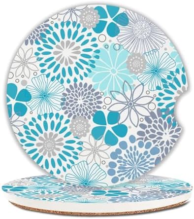 Blue Floral Car Coasters for Cup Holders Set of 2 Bohemian Absorbent Ceramic by Unknown