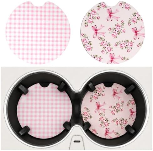 2PCS Wooden Pink Car Coasters for Women, Bow & Checkered Car Cup Coasters by Unknown