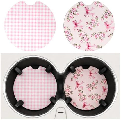 2PCS Wooden Pink Car Coasters for Women, Bow & Checkered Car Cup Coasters by Unknown
