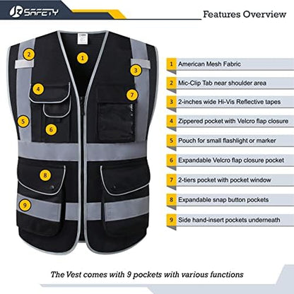 JKSafety Safety Vest for Men Women Reflective Hi Vis JK159 Black 4XL - Image 4