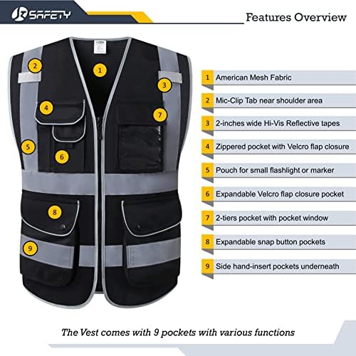 JKSafety Safety Vest for Men Women Reflective Hi Vis JK159 Black L - Image 4