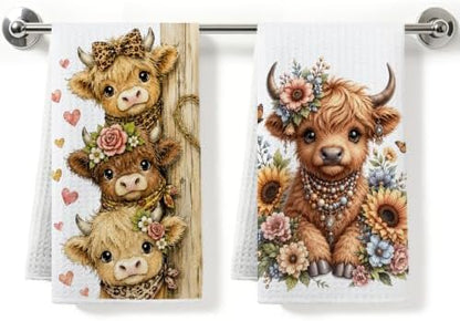 2 Pcs Cute Highland Cow Kitchen Towels, Cows Soft Absorbent Hand Towels 01 by ZHAMEN