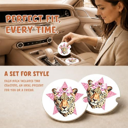 Pink Bow Car Coasters, Retro Leopard Print Coquette Cup Holders - Image 2