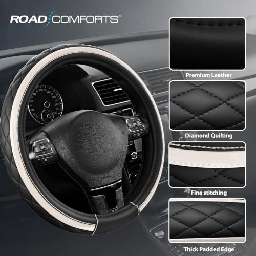 Road Comforts Leather Steering Wheel Cover – Black & Silver, Universal Fit - Image 4