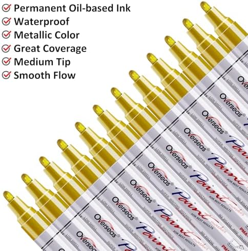 Overseas 12 Gold Paint Pens Permanent Markers, Oil Based Paint Markers - Image 2