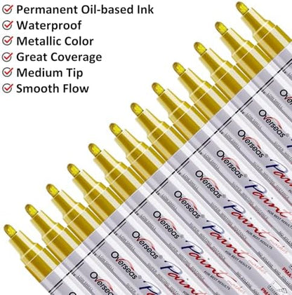 Overseas 12 Gold Paint Pens Permanent Markers, Oil Based Paint Markers - Image 2