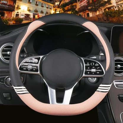 14 inch Cute Leather D Shape Steering Wheel Cover Black Pink by Binsheo