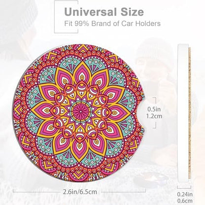 Boho Mandala Car Coasters for Women 2 Pack, Vintage Flower Ottoman Absorbent - Image 2