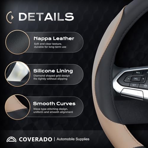 Coverado Car Steering Wheel Cover, Nappa Leather Black & Brown Steering Wheel - Image 2