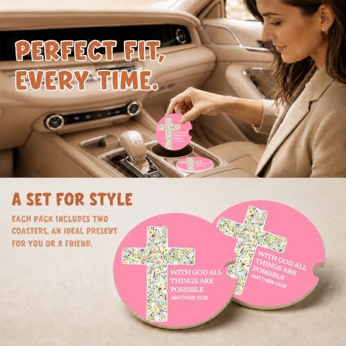 Pink Christian Bible Car Coasters, Floral Cross Scripture Cup Holders - Image 2