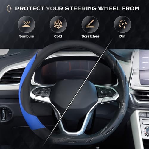 Coverado Car Steering Wheel Cover, Nappa Leather Black & Blue Steering Wheel - Image 6