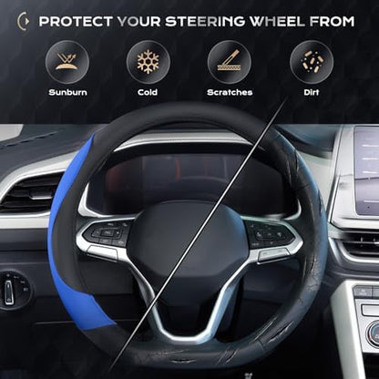 Coverado Car Steering Wheel Cover, Nappa Leather Black & Blue Steering Wheel - Image 6
