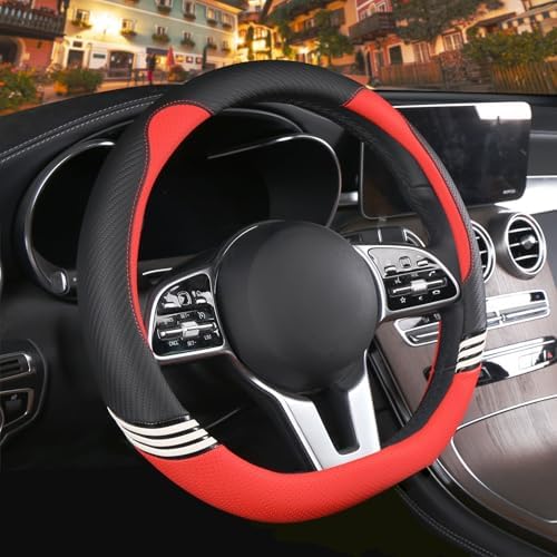 14 inch Cute Leather D Shape Steering Wheel Cover Black Red - Image 2