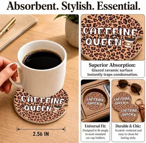 Leopard Print Coffee Car Coasters, Caffeine Queen Coquette Cup Holders - Image 3