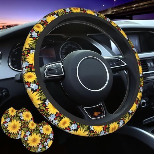 Steering Wheel Cover Sunflower Car Accessories + 2 Pieces Coasters - Image 2