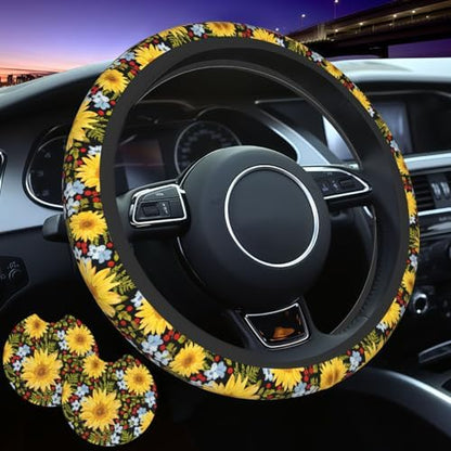 Steering Wheel Cover Sunflower Car Accessories + 2 Pieces Coasters - Image 2