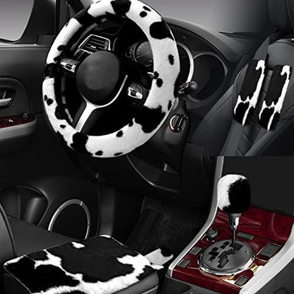 6PCS Set car Interior Aesthetic Accessories, Fluffy Cute Cows Steering Wheel by Wazzh