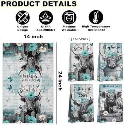 4 Pcs Highland Cattle Kitchen Towels, Highland Cow Gifts - Image 2