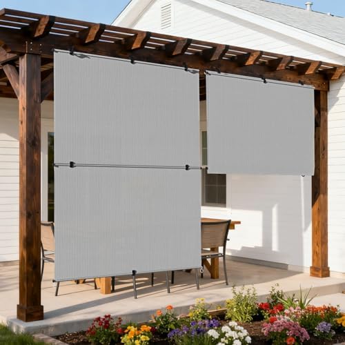 Outdoor Roller Shade 5'W x 14'H Cordless Shades Roll Up, Folding Exterior Patio by Coonoble