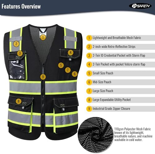 JKSafety Safety Vest for Men Women Hi Vis Reflective Vest JK220 Black L - Image 4