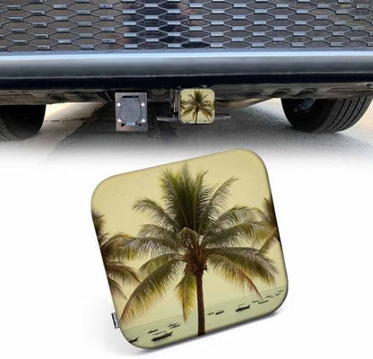 Trailer Hitch Cover Plug Palm Trees, Vintage Hawaii Ocean Beach Palm Leaves by Beabes