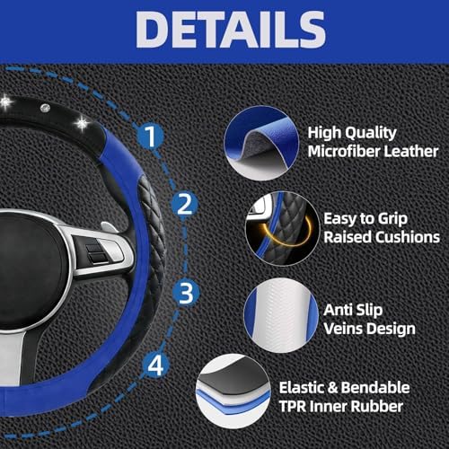 NBTEPEM 6 PCS Bling Blue Car Accessories Set, Leather Blue Steering Wheel - Image 3
