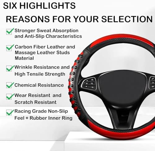 3D Massage Red Carbon Fiber Leather Steering Wheel Cover, 14.5-15 Inch Non-Slip - Image 4