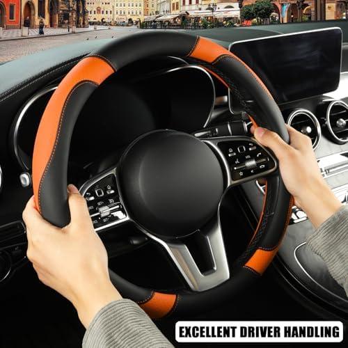 Black Orange Microfiber Leather D Shaped Steering Wheel Cover - Image 5