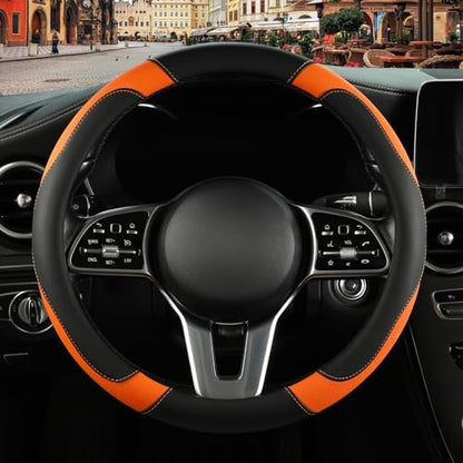 Black Orange Microfiber Leather Steering Wheel Cover 15 inch - Image 2