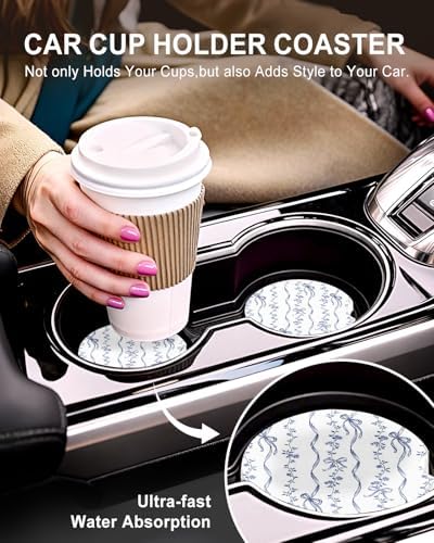 Swooflia Cute Girly Ceramic Car Coasters Blue Bow Cup Holder Coasters - Image 5
