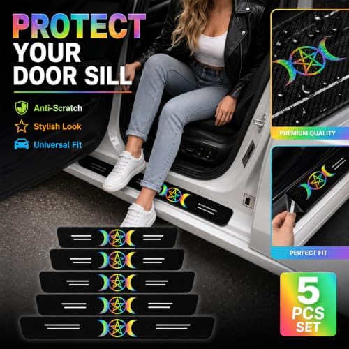 5PCS Pentacle Car Door Sill Protector, Carbon Fiber Leather Sill Stickers - Image 4