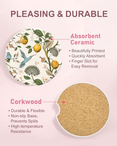 Swooflia Floral Absorbent Ceramic Car Coasters Set of 2, Cute Botanical - Image 3