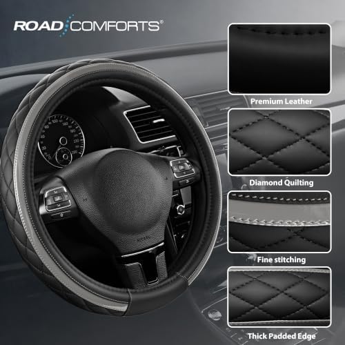 Road Comforts Leather Steering Wheel Cover – Black & Gray, Universal Fit - Image 4