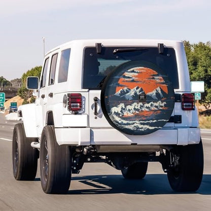 Delerain Spare Tire Cover with Backup Camera Hole White Broncos Horses Sunset - Image 2
