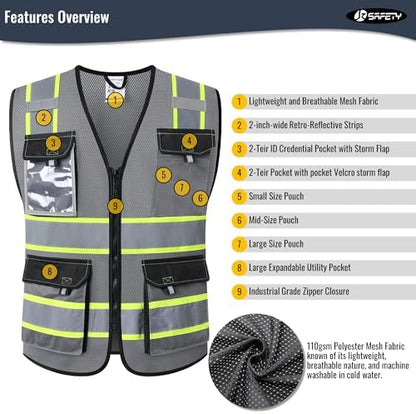 JKSafety Safety Vest for Men Women Hi Vis Reflective Vest JK220 Grey S - Image 4