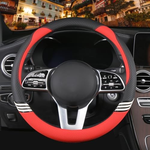 Small 14 inch Cute Leather Steering Wheel Cover Black and Red - Image 2