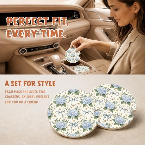 Blue Hydrangea Bow Coquette Car Coasters, Retro Floral Cup Holders - Image 2