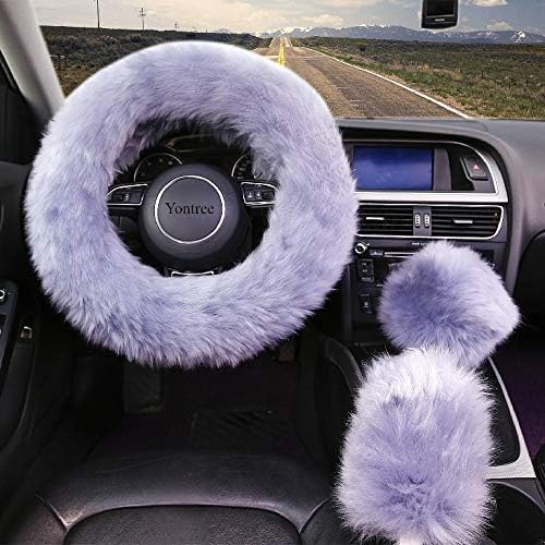 Gray Fluffy Sheepskin Car Steering Wheel Covers - Image 3
