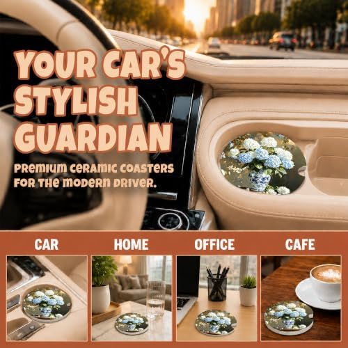 Blue White Chinoiserie Hydrangea Car Coasters, Retro Floral Cup Holders - Image 4