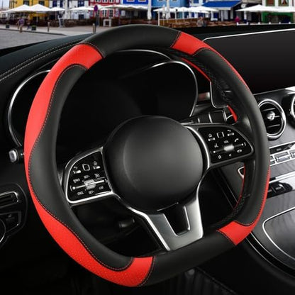 Black Red Microfiber Leather D Shaped Steering Wheel Cover - Image 2