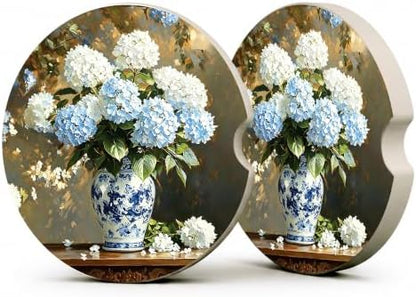 Blue White Chinoiserie Hydrangea Car Coasters, Retro Floral Cup Holders by Unknown