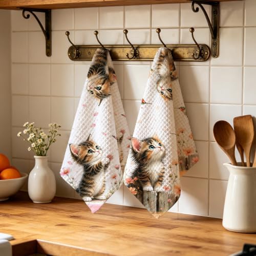 2 Pcs Cute Cat Kitchen Towels, Cat Theme Soft Absorbent Hand Tea Towels 02 - Image 4