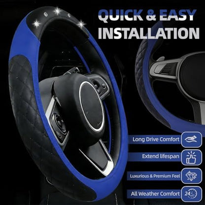 NBTEPEM 6 PCS Bling Blue Car Accessories Set, Leather Blue Steering Wheel - Image 2