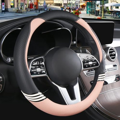 15 inch Cute Leather Steering Wheel Cover Black and Pink by Binsheo