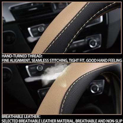 BESULEN 15 Inch Steering Wheel Cover Soft Leather Protector Black/Beige - Image 5