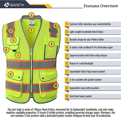 JKSafety Hi Vis Safety Vest for Men Women Cushioned Collar JK101 Yellow M - Image 4