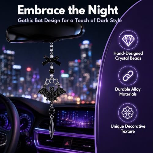 Gothic Car Rearview Mirror Charm Black Crystal Bat Pendant Decor - Image 3
