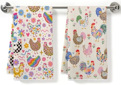 2 Pcs Cute Chicken Kitchen Towels, Floral Soft Absorbent Hand Tea Towel 02 by ZHAMEN