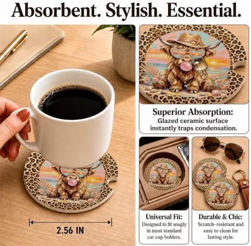 Western Highland Cow Car Coasters, Leopard Print Coquette Cup Holders - Image 3